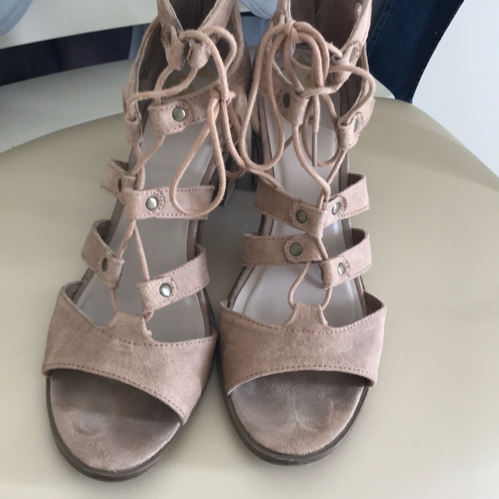 Lace up beige suede block heels